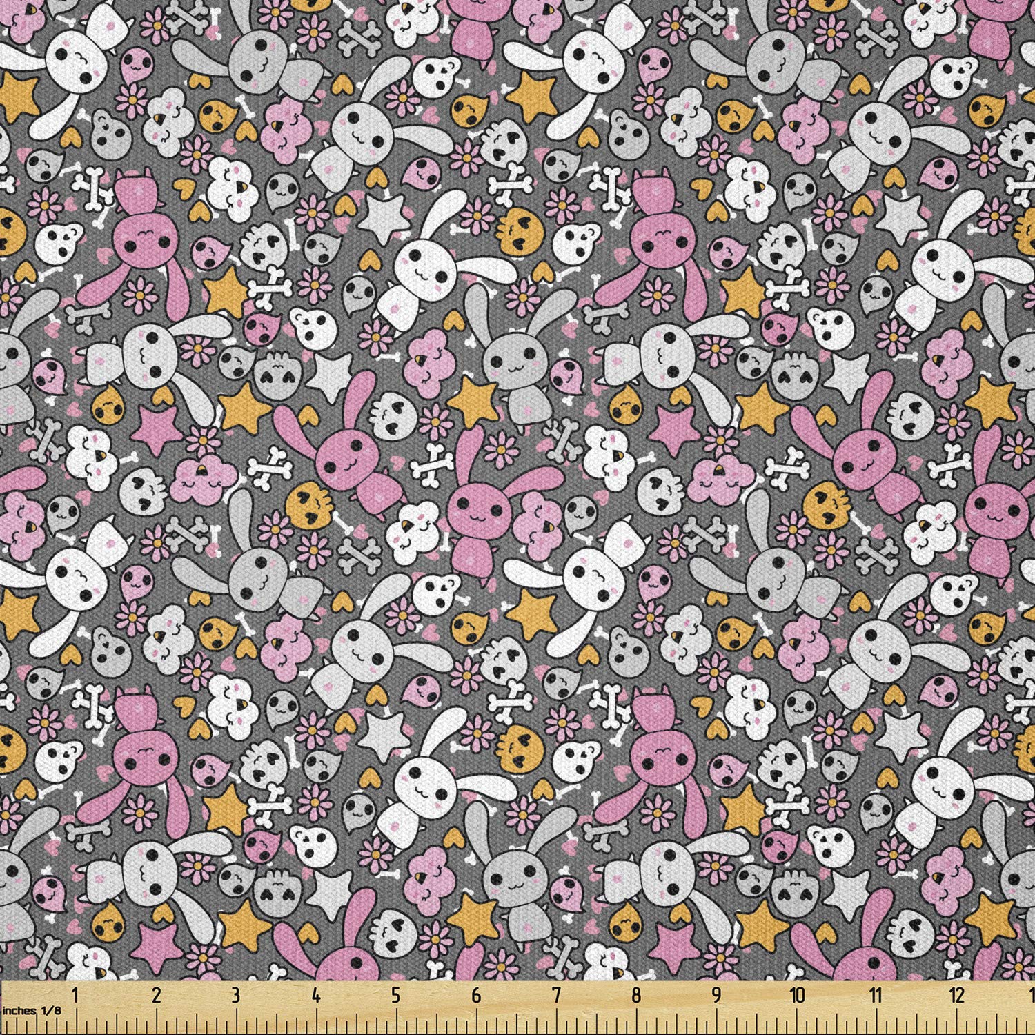 Ambesonne Cartoon Fabric by The Yard - Kawaii Bunnies, Clouds & Heart-Eyed Skulls Japanese Anime Print | Stretch Knit Fabric for DIY Clothing, Sewing & Craft Projects | 10 Yards Multicolor | Perfect for Cosplay, Home Decor & Gift Making