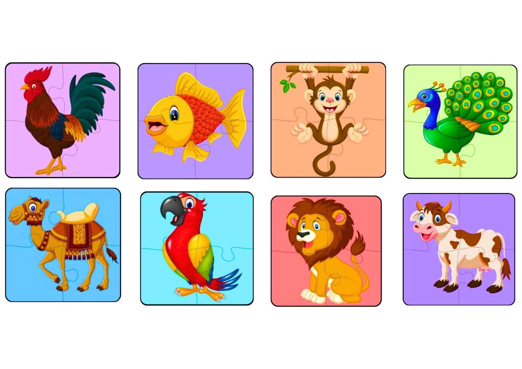 Exello 4-Piece Wooden Puzzle Set for Kids - 8 Pack Animal & Bird Jigsaw Puzzles (4x4 Inch) - Educational Toddler Learning Toys for Preschoolers - Perfect for Birthday Gifts, Classroom Activities & Family Game Night