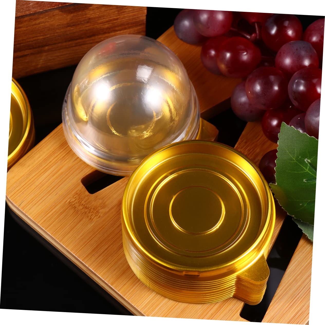 100Pcs Round Plastic Egg Yolk Crisp Packing Box with Golden Tray - Dome Cupcake Containers for Baking, Dessert Display & Individual Serving - Perfect for Party Favors, Wedding Desserts & Bakery Packaging