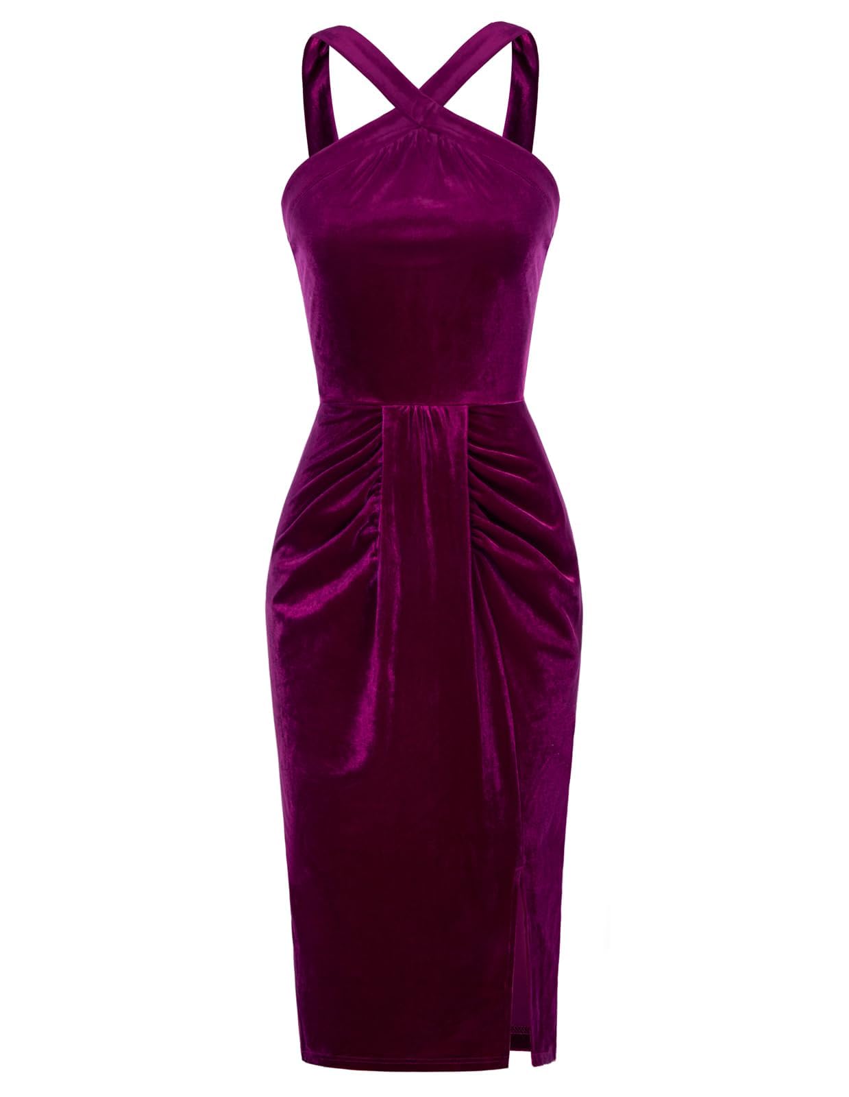 Belle Poque Women's Velvet Slit Midi Dress - Elegant Halter Neck Cocktail Dress for Formal Events, Parties & Evening Occasions