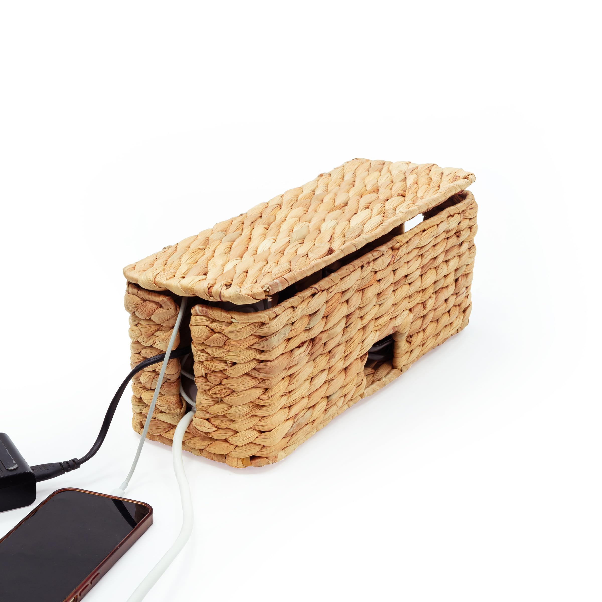 Durable Rattan Cable Management Box with 2 Open Slots - Handmade Water Hyacinth Organizer for Home Office Desk, Computer, TV Wires, USB Hub & Power Strip | Perfect Cord Organizer for Clutter-Free Workspace & Entertainment Center