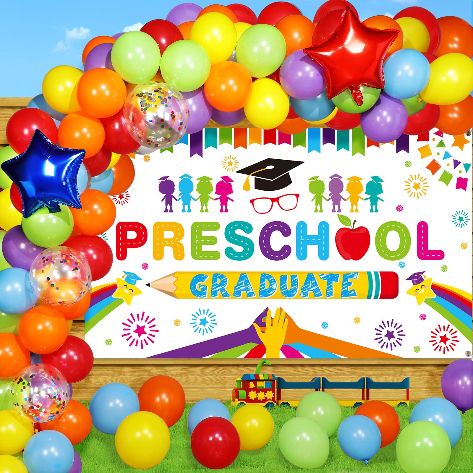 Oudain 2025 Kindergarten Graduation Party Decorations Kit - Preschool Graduation Backdrop, Balloon Garland & Party Supplies (White) | Perfect for Preschool to Elementary School Celebration Decorations