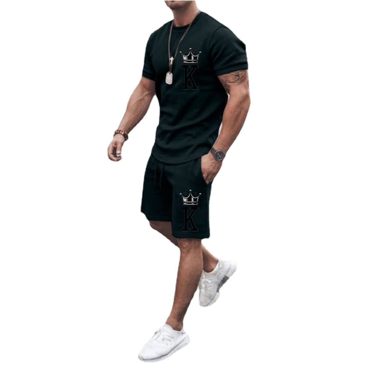 MARLLCO Men's Summer Tracksuit Set - 2 Piece Short Sleeve T-Shirt & Athletic Shorts with 3D Poker Print - Gym Workout Outfit for Sports, Running & Casual Wear