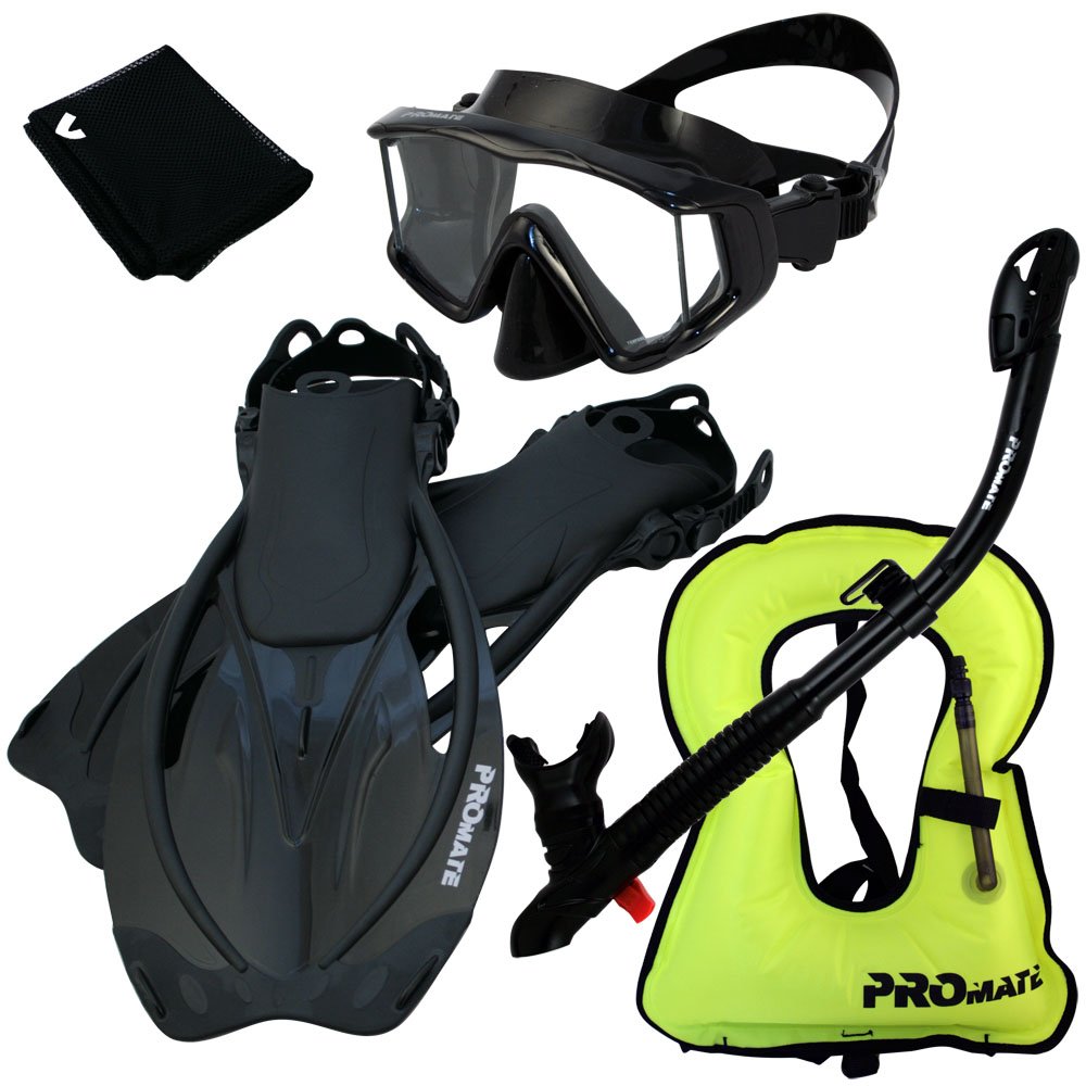 Promate Snorkeling Vest, Panoramic Purge Mask, Dry Snorkel & Fins Set – Complete Snorkeling Gear for Adults & Kids – Perfect for Beach, Pool & Ocean Adventures