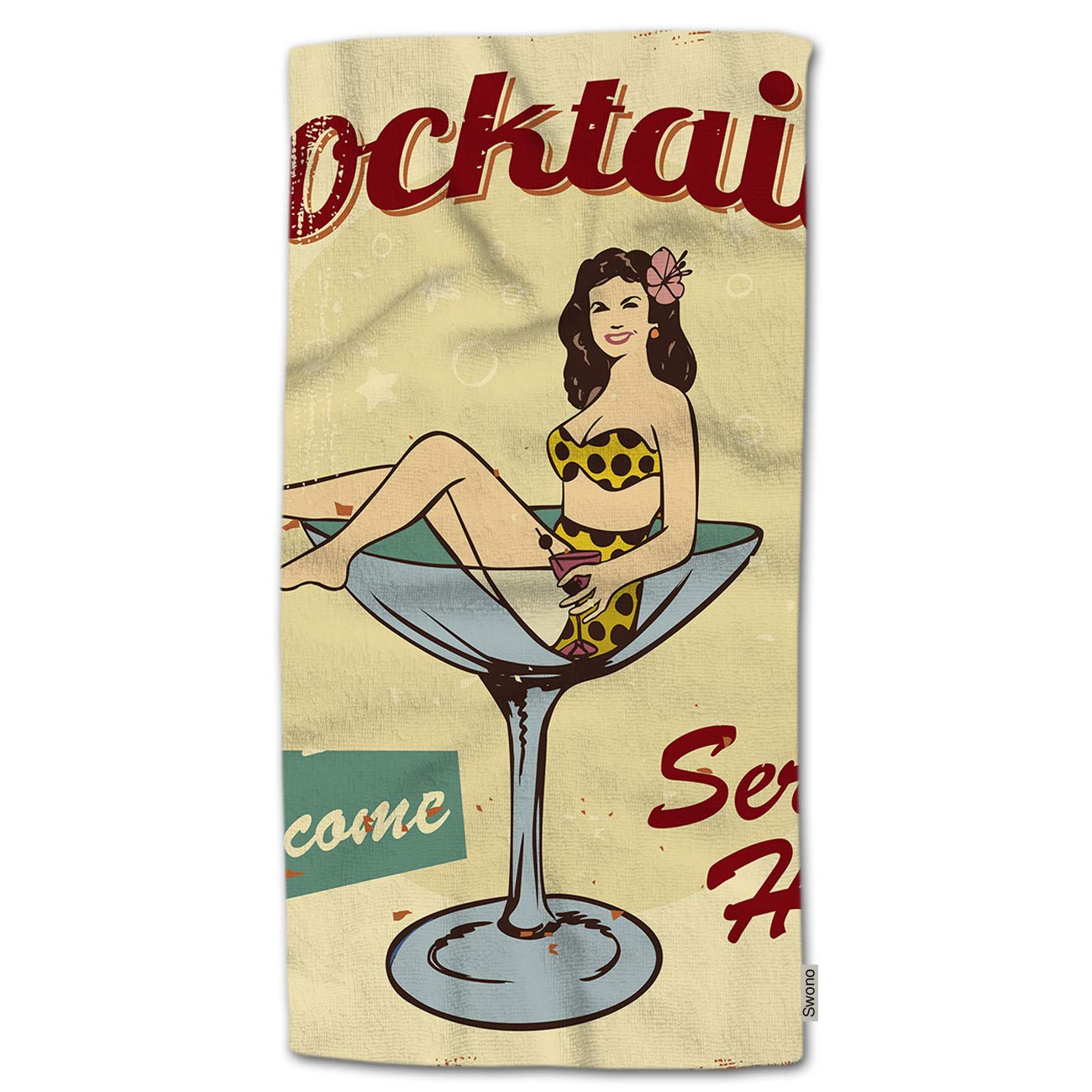 Swono Cocktail Hand Towel - Beautiful Woman in Martini Design, Soft Polyester Kitchen & Bath Towels (30x15 Inches) for Home, Gym, Spa, Hotel - Perfect for Bar Decor, Cocktail Parties & Gift Giving