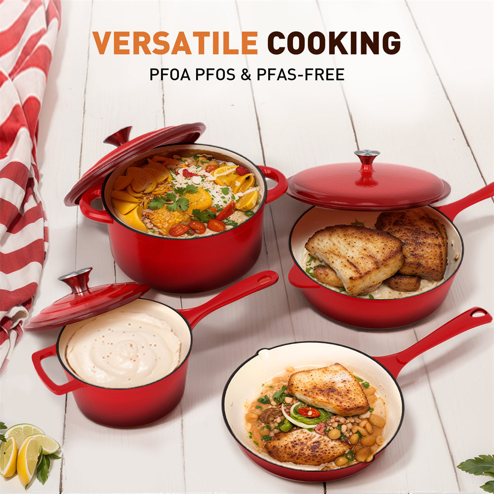 Kitchen Academy 7-Piece Enameled Cast Iron Cookware Set - Dutch Oven, Skillet & Pots - Durable & Non-Stick for Baking, Roasting & Stovetop Cooking - Perfect for Home Chefs & Professional Kitchens