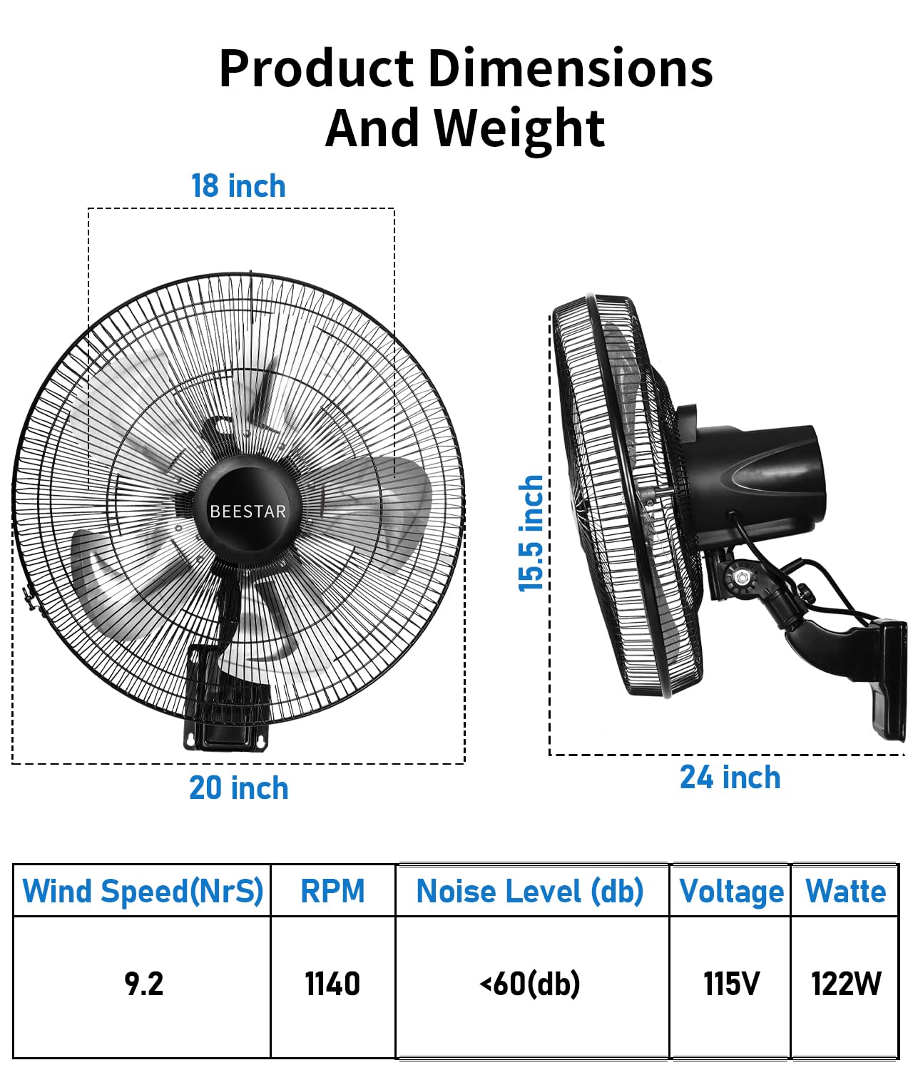 BEESTAR 18 Inch High Velocity Wall Mount Fan - 5 Speed Industrial Fan with 90° Horizontal Oscillation, Heavy Duty Metal Construction for Warehouse, Greenhouse, Basement & Workshop Cooling | Perfect for Large Spaces, Ventilation & Air Circulation