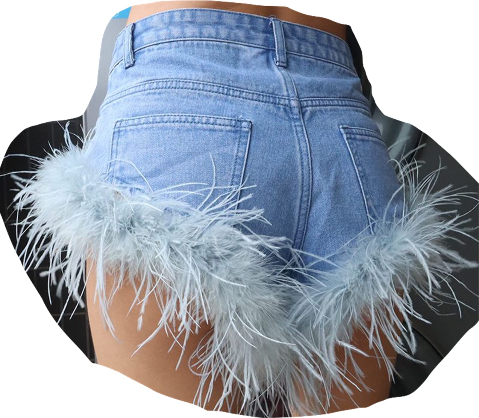 Sexy Denim Shorts for Women with Real Ostrich Feather Trim - Fluffy Furry Short Pants Tight Fit (Size S, Blue) | Perfect for Summer Outfits, Parties & Fashion Shows