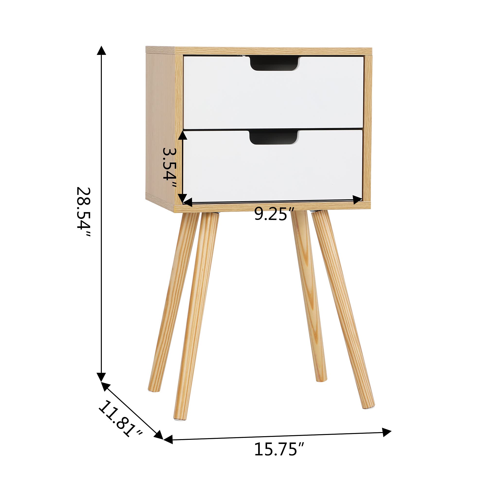 Mid-Century Modern Nightstand Set of 2 - Wooden Bedside Tables with 2 Drawers - Solid Wood End Tables for Bedroom, Living Room & Office - Perfect for Small Spaces & Apartment Decor (A Wood)
