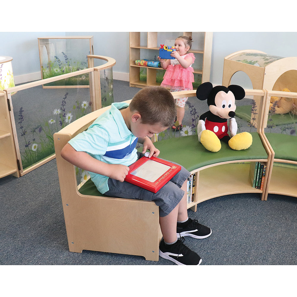 Nature View Curve Out Reading Sofa with Book Storage | Flexible Biophilic Classroom Seating for Kids & Adults - Perfect for Home Libraries, Reading Nooks & Montessori Classrooms