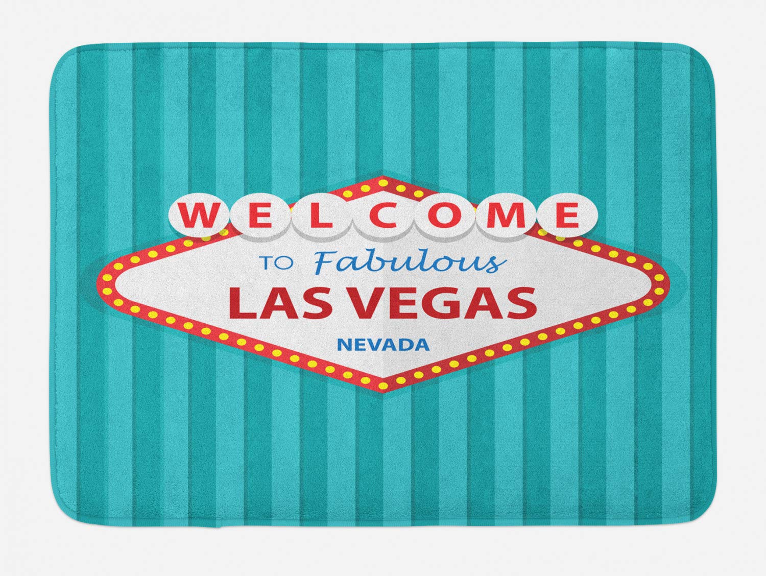 Ambesonne Las Vegas Bath Mat - Non-Slip Plush Bathroom Rug with Nevada City Signboard Design, 30.2 x 20 Inches, Dark Seafoam Red White Stripes | Perfect for Bathroom Decor, Guest Rooms & Vegas-Themed Home Accents