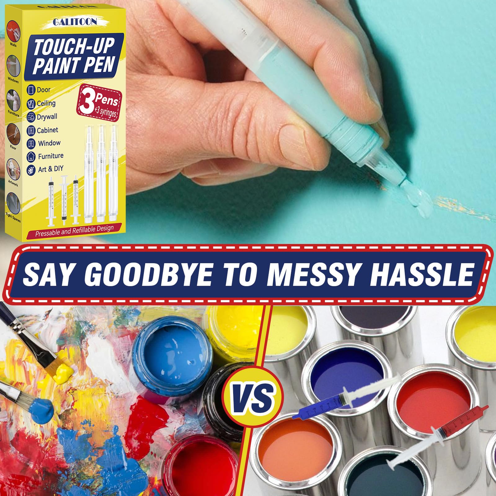 Touch Up Paint Pen Set of 3 - Refillable & Pressable Paint Markers for Walls, Furniture, Wood Floors, Windows & Cabinets - Perfect for Home DIY Repairs, Small Scratch Fixes and Surface Restoration Projects