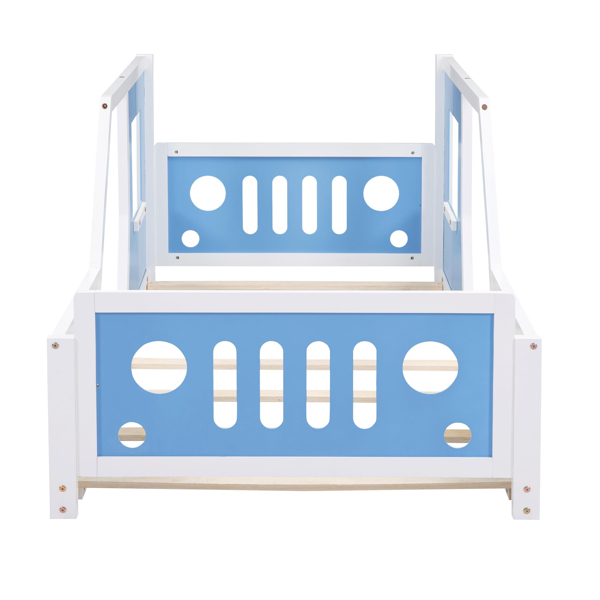 Wooden Twin Size Car-Shaped Floor Bed with Wheels, Doors & Windows - Sturdy Slat Support Platform Bed for Kids Boys & Girls (Blue) - Perfect for Playrooms, Bedrooms & Themed Kids' Spaces