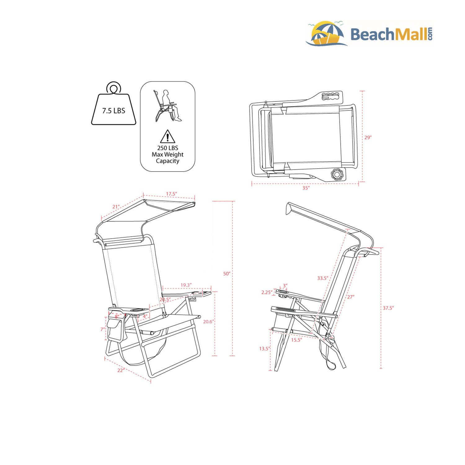 Premium Lightweight Aluminum Beach Chair with 4 Reclining Positions & Adjustable Canopy Shade - Includes Drink Holder & Storage Pouch for Adults - Perfect for Poolside Relaxation, Camping & Outdoor Adventures