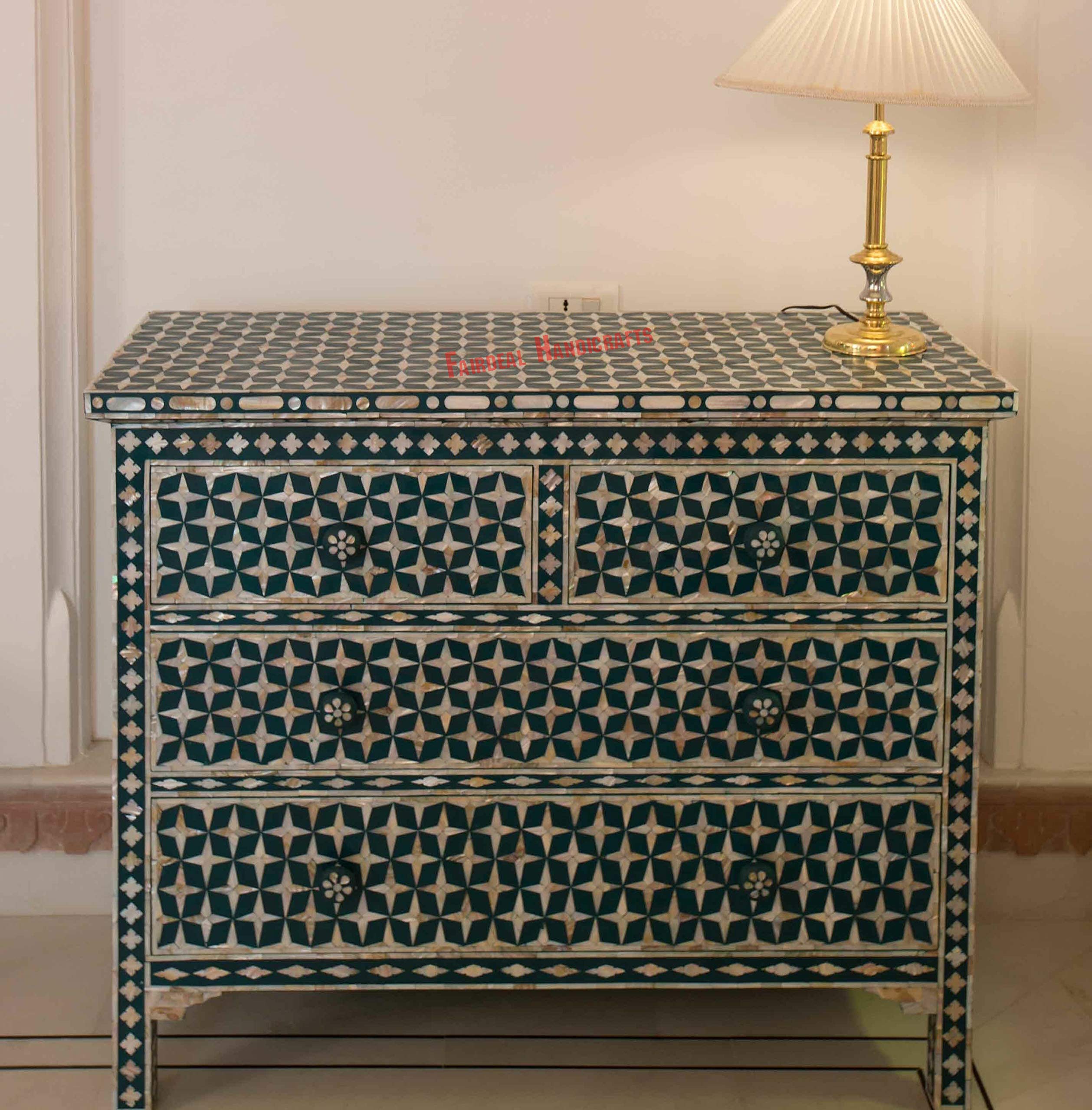 Exquisite Handcrafted Antique Mother of Pearl 4-Drawer Chest | Vintage Bedroom Dresser & Living Room Storage Organizer | Buffet Sideboard Table with Pearl Inlay - Perfect for Master Bedroom, Guest Room & Dining Room Decor | Fairdeal Handicrafts