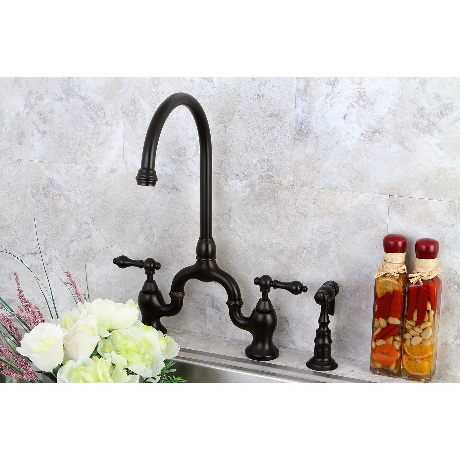 Kingston Brass KS7795ALBS English Country Bridge Kitchen Faucet with Brass Sprayer - 7-3/4 Inch Spout Reach, Oil Rubbed Bronze Finish - Perfect for Farmhouse, Cottage & Traditional Kitchen Styles