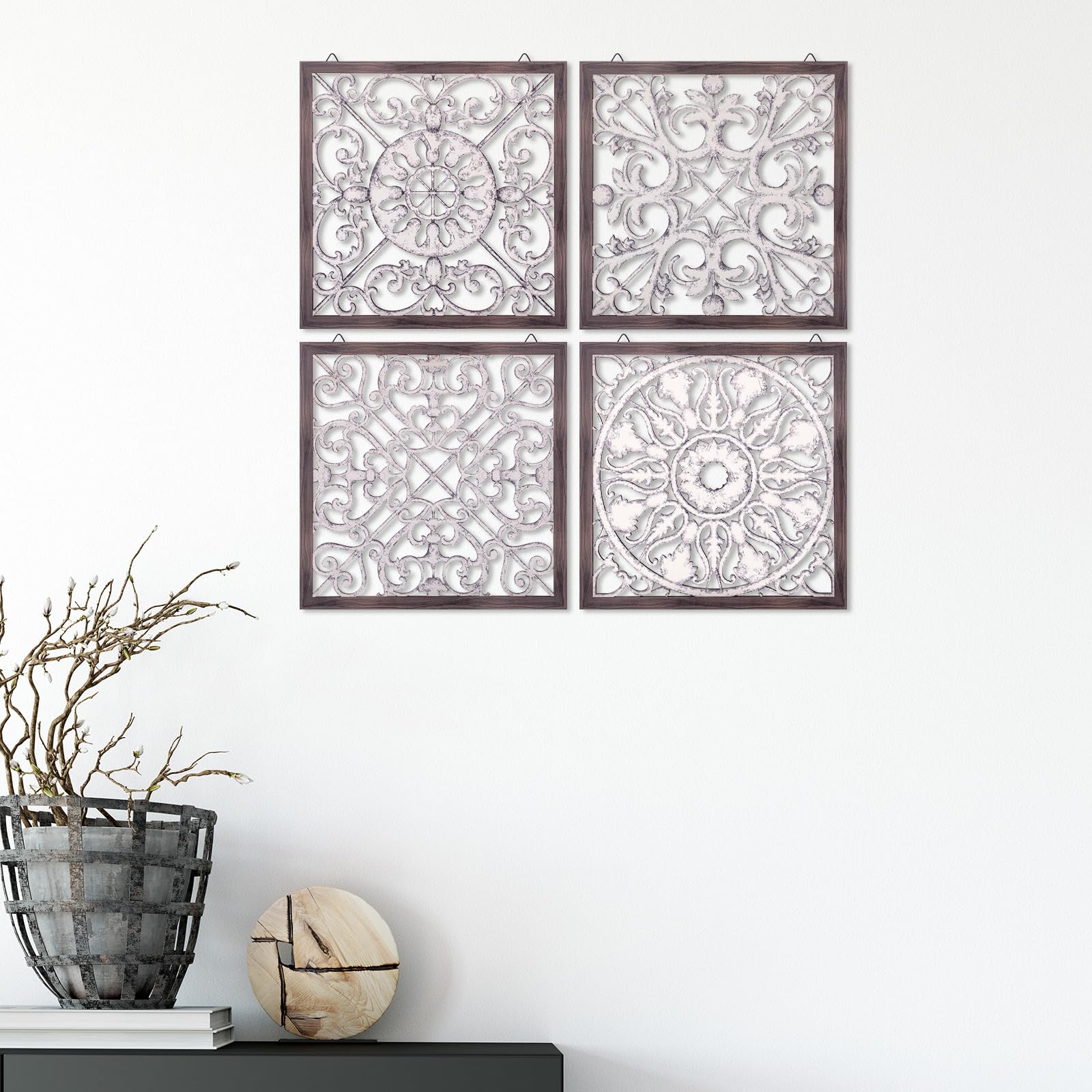 Tatuo 4-Piece Wood Wall Art Decor Set - Farmhouse Style Square Wooden Panels for Modern Home - Brown & White Wall Hangings for Living Room, Kitchen, Dining Room Decor | Perfect for Rustic, Boho & Farmhouse Interior Design