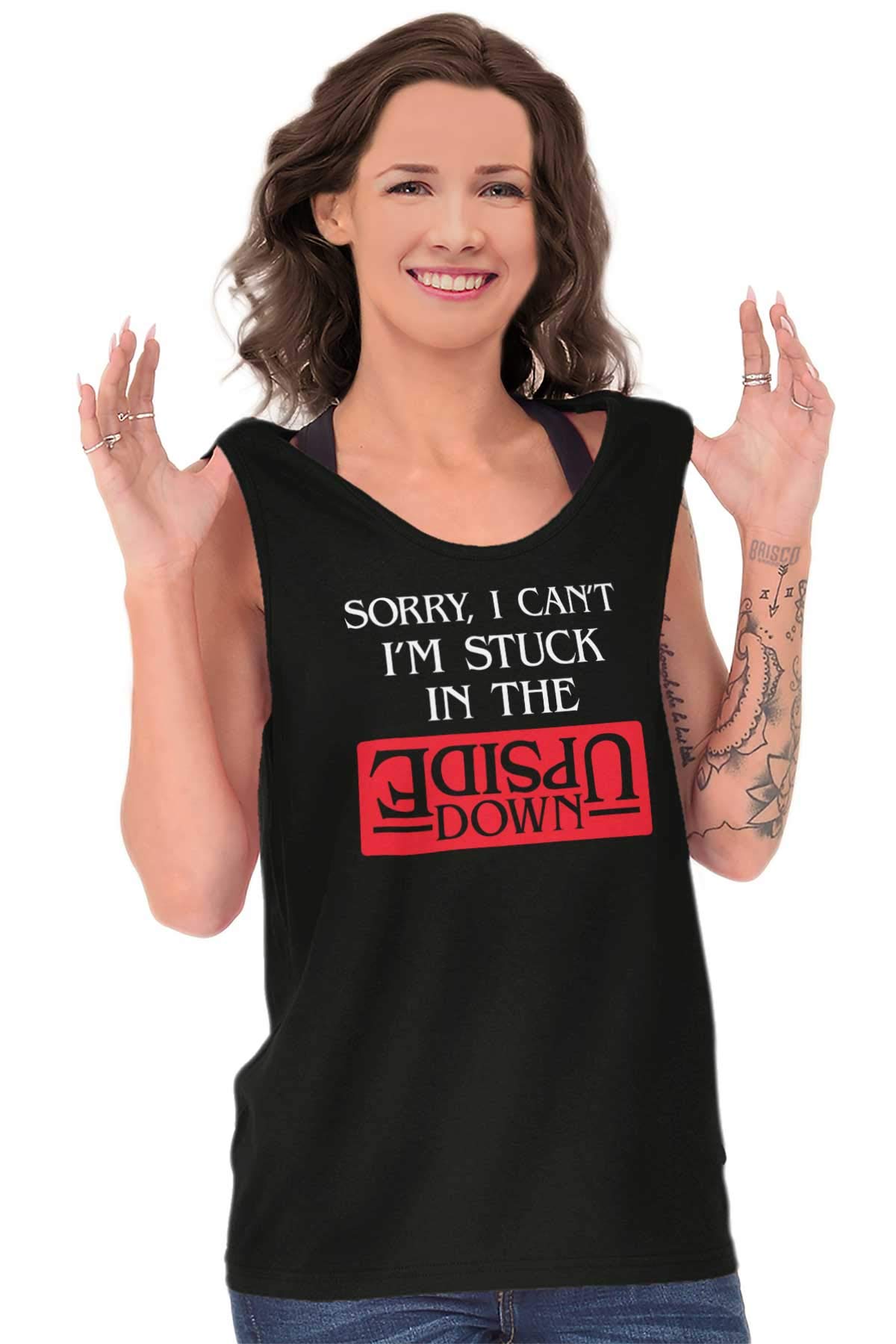 Brisco Brands Funny 'Sorry I Can't I'm Stuck Upside Down' Graphic T-Shirt for Men & Women - Casual Wear, Gifts, Parties & Everyday Humor