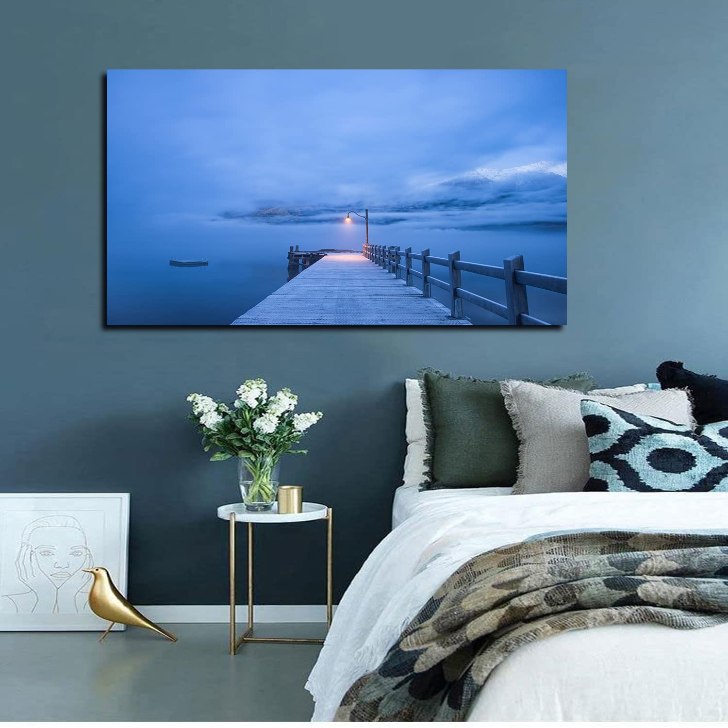 Seaside Beach Winter Landscape Canvas Art - Ocean Sunset Wall Painting - Framed Coastal Decor for Living Room, Bedroom, Office - Ready to Hang - Perfect for Coastal Theme Home Decor & Vacation House Style