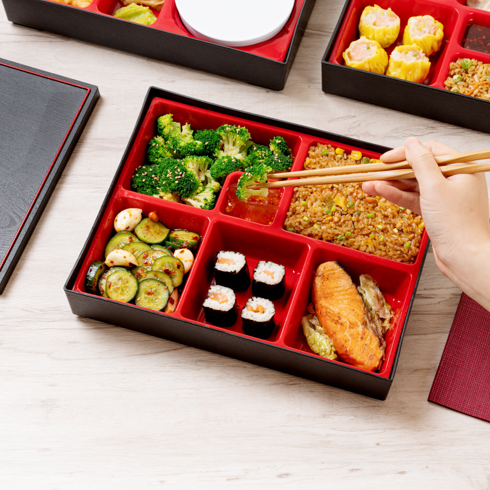 Large Japanese Style Bento Box - 6 Compartments Black & Red Lunch Container (12.25