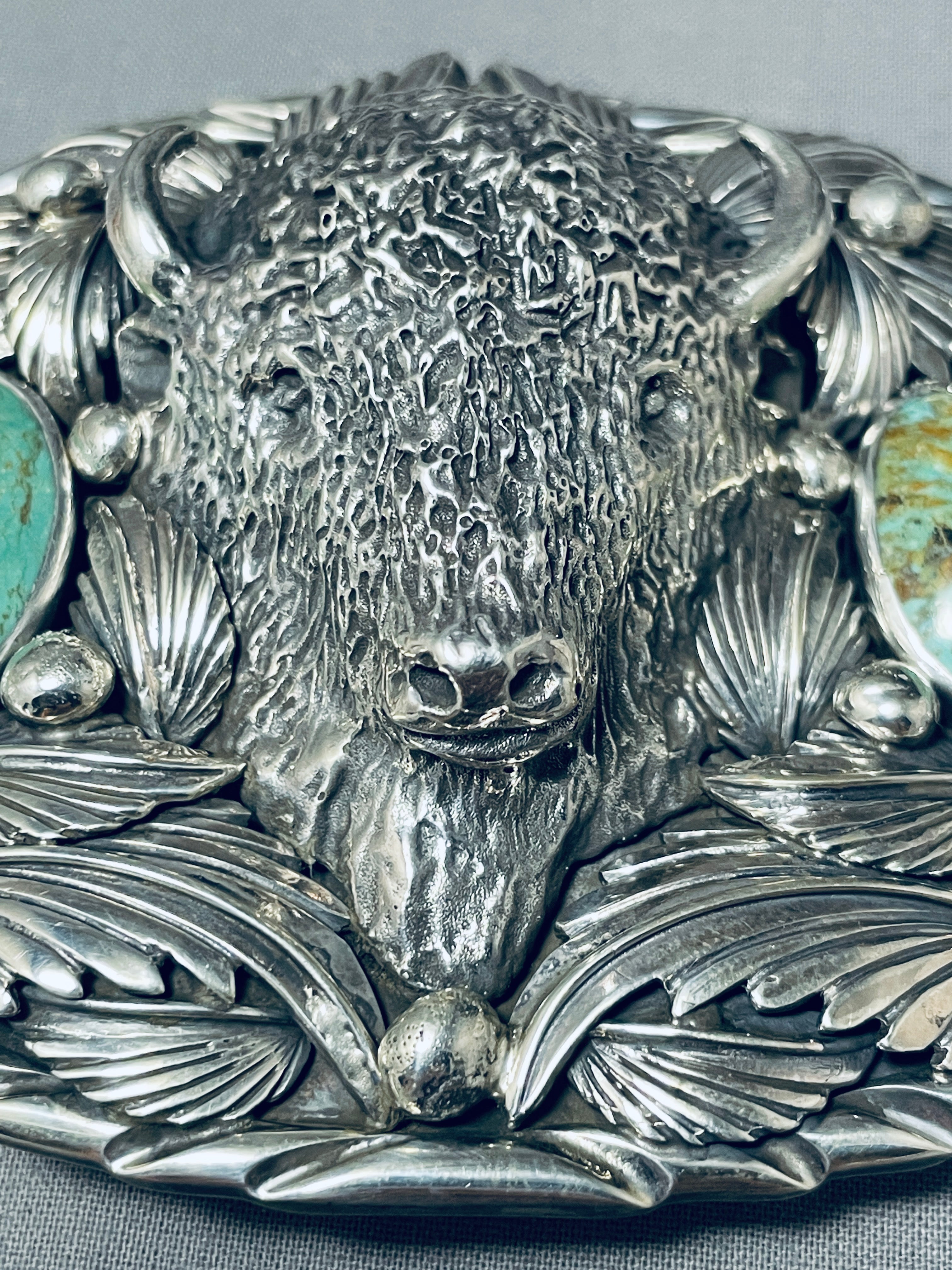 Authentic Native American Sterling Silver Buffalo Turquoise Belt Buckle - 164 Grams - Handcrafted Western Jewelry for Cowboy Boots & Jeans
