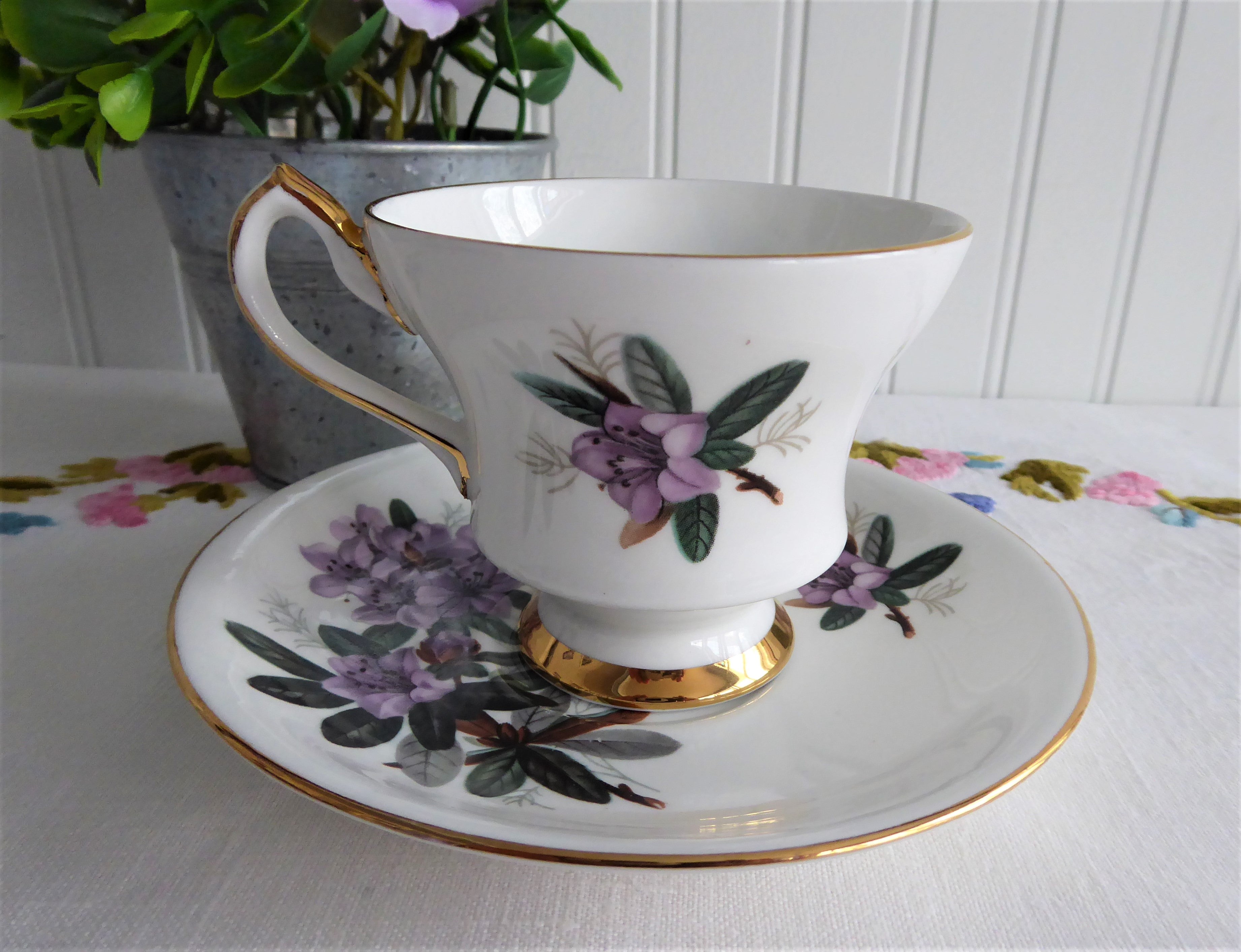 Vintage 1960s English Bone China Cup and Saucer Set with Lavender Azaleas & Rhododendrons Floral Pattern - Perfect for Afternoon Tea, Collectible Tableware, and Gift Giving