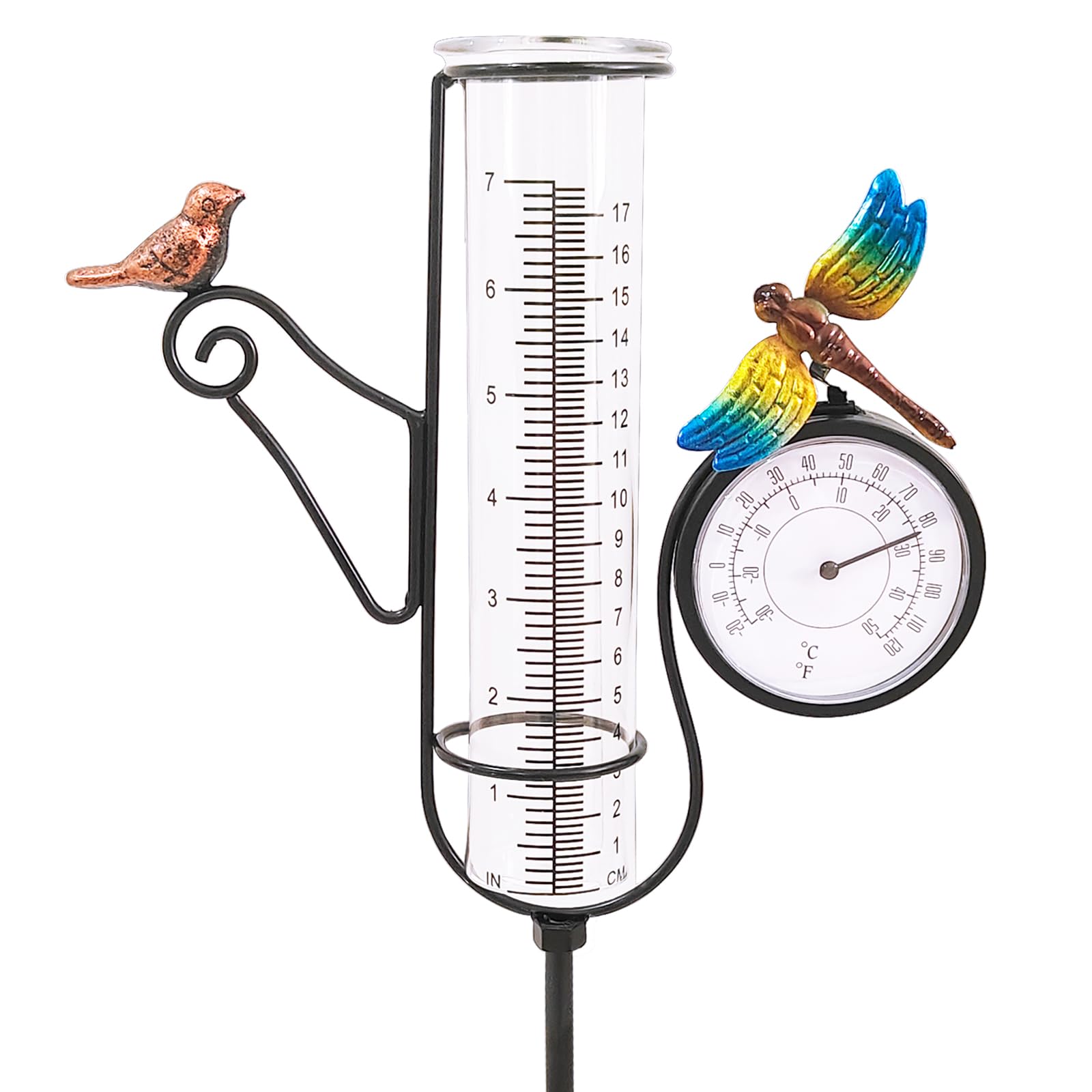27 Inch Decorative Metal Rain Gauge with Thermometer - Bird & Dragonfly Garden Stake for Lawn, Patio, Yard - Perfect for Weather Monitoring and Outdoor Decor