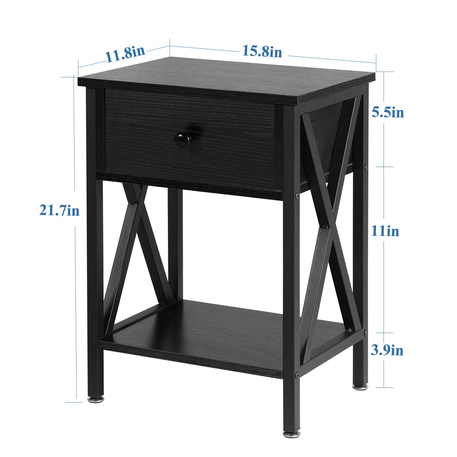 VECELO Modern Nightstand Set of 2 - X-Design Side Table with Storage Shelf & Bin Drawer for Bedroom, Living Room - Versatile End Table for Small Spaces (Black) | Perfect for Apartment, Dorm, Guest Room