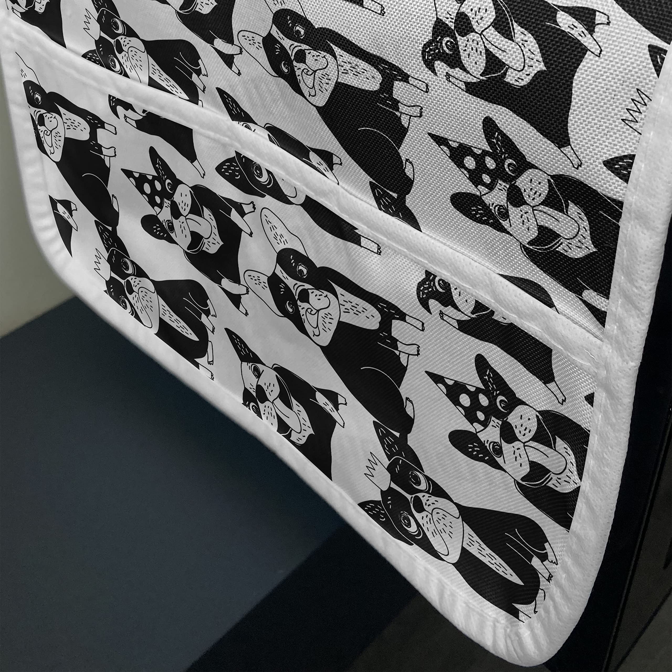 Ambesonne Bulldog Microwave Cover - Fun Doodle Style Pet Pattern with Party Hats, Water Resistant Kitchen Organizer with Pockets, 36x12 Inches, Black & White - Perfect for Pet Lovers' Kitchen Decor & Microwave Protection