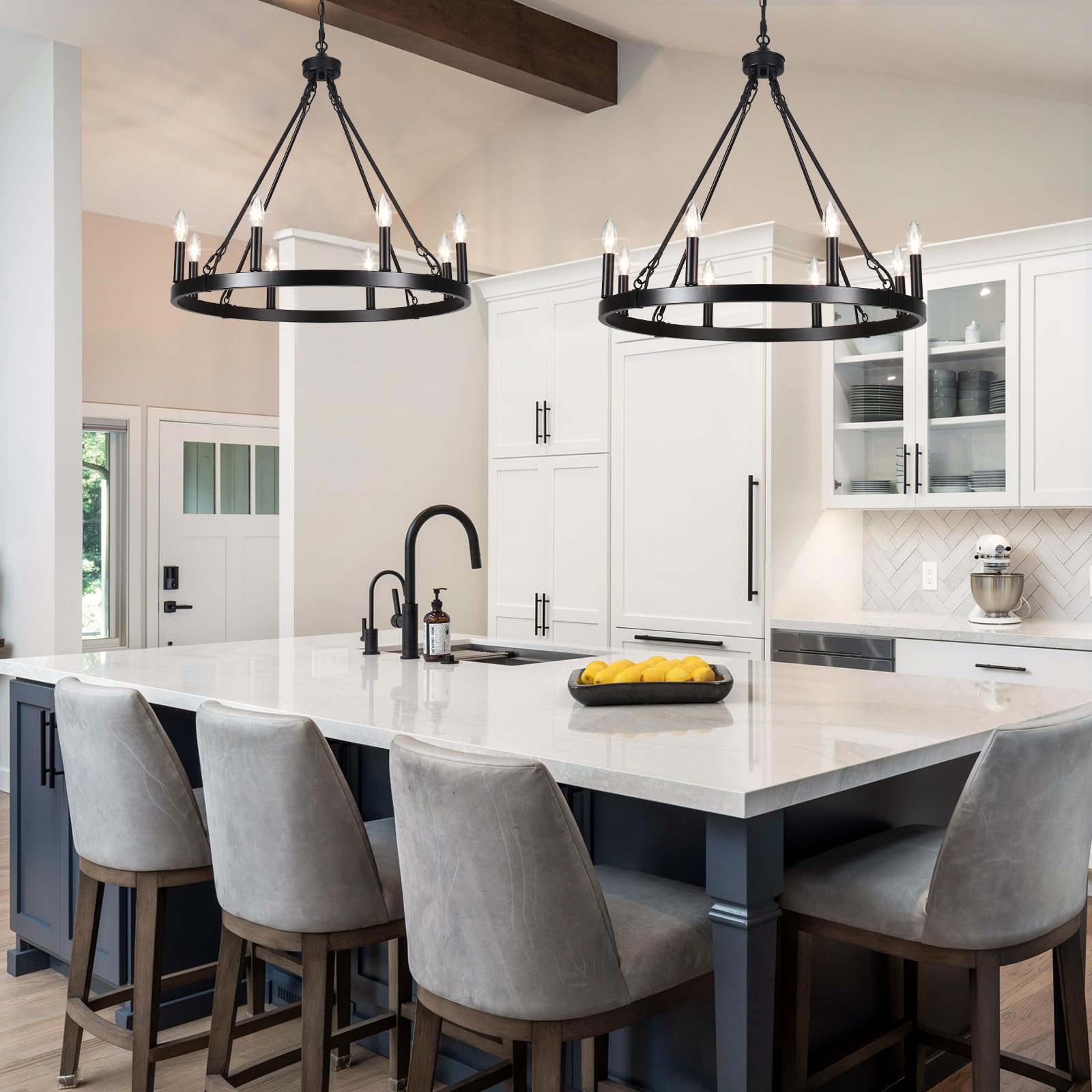 Black Wagon Wheel Chandelier - 8-Light Industrial Pendant Lighting Fixture for Dining Room, Living Room, Foyer & Entryway | Rustic Farmhouse Decor for Home & Restaurant