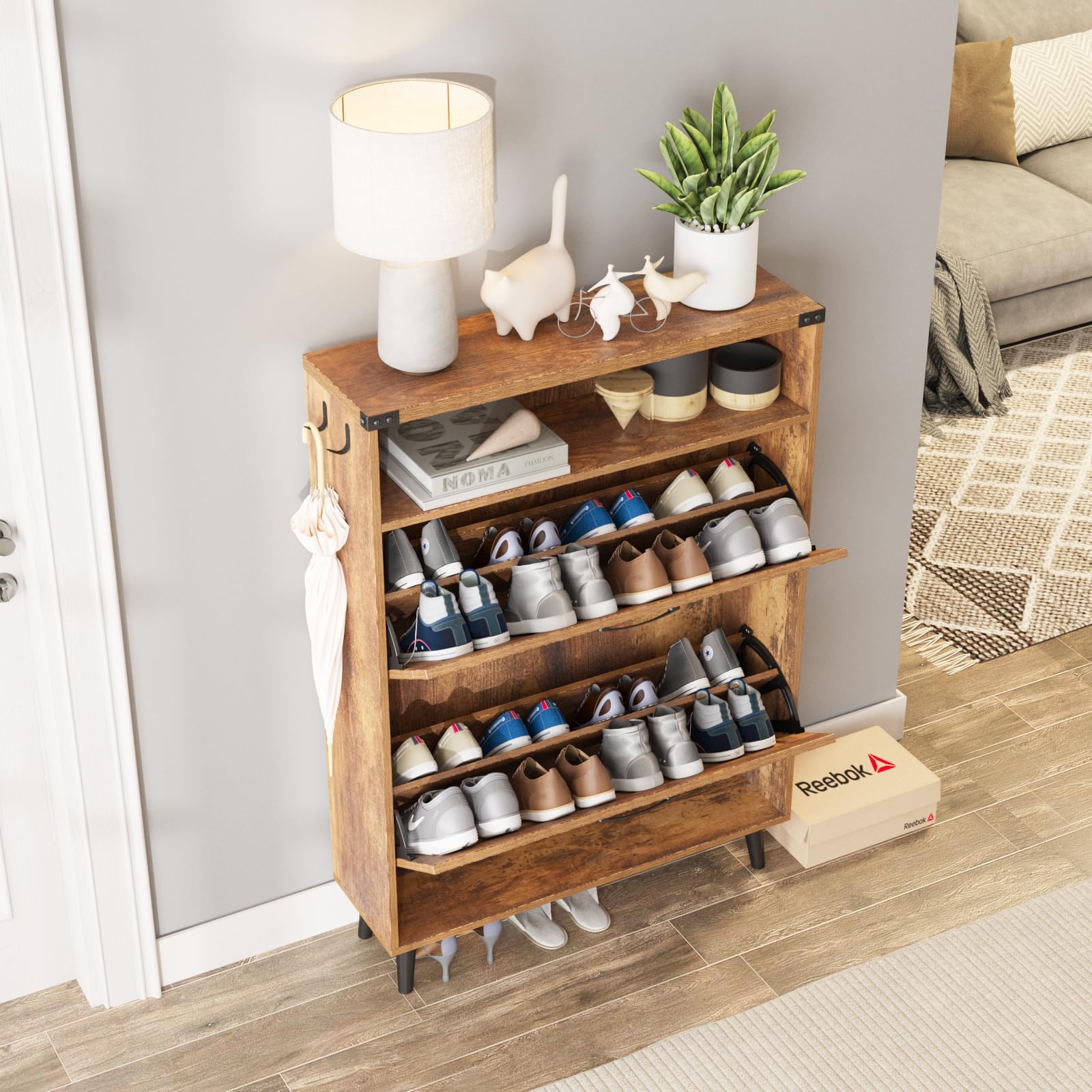 2-Tier Flip-Drawer Shoe Storage Cabinet - Freestanding Entryway Organizer with Open Shelves & Farmhouse Legs, Narrow Shoe Rack for Hallway, Closet & Mudroom Organization (Brown)