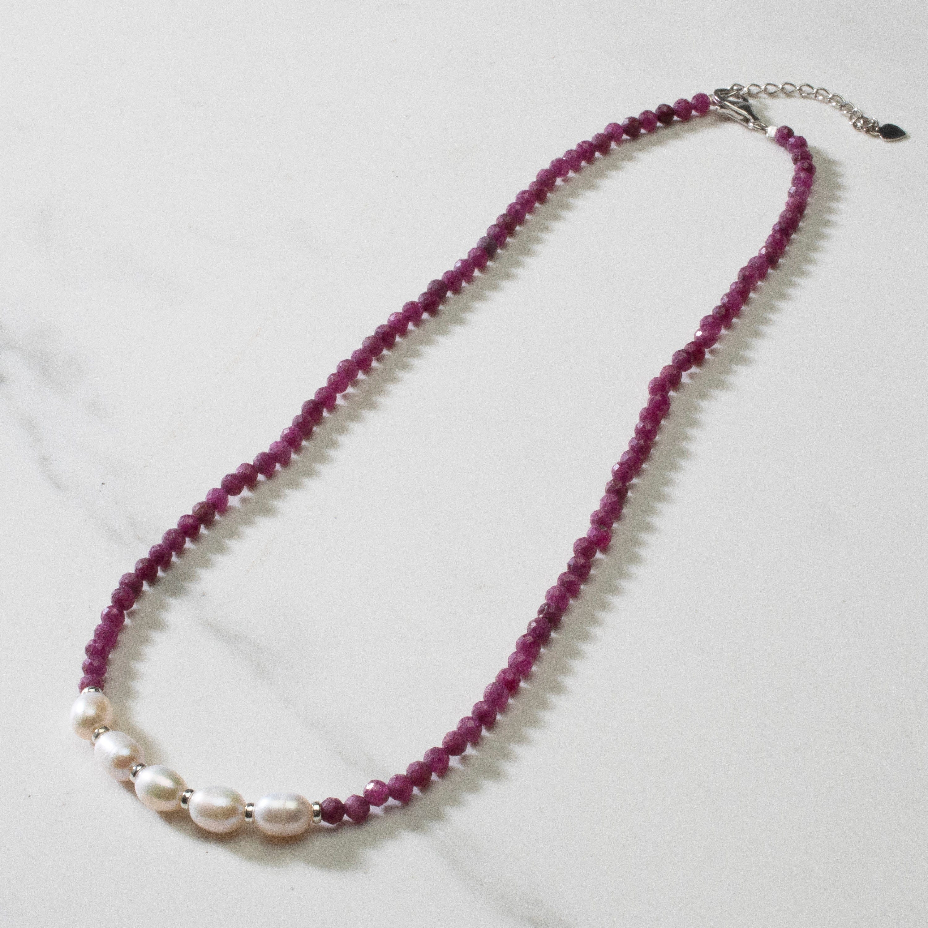 4mm Faceted Ruby Bead Necklace with 5 Pearls & 925 Sterling Silver Clasp - Elegant Jewelry for Women, Gift for Her, Bridal Party, Anniversary & Special Occasions
