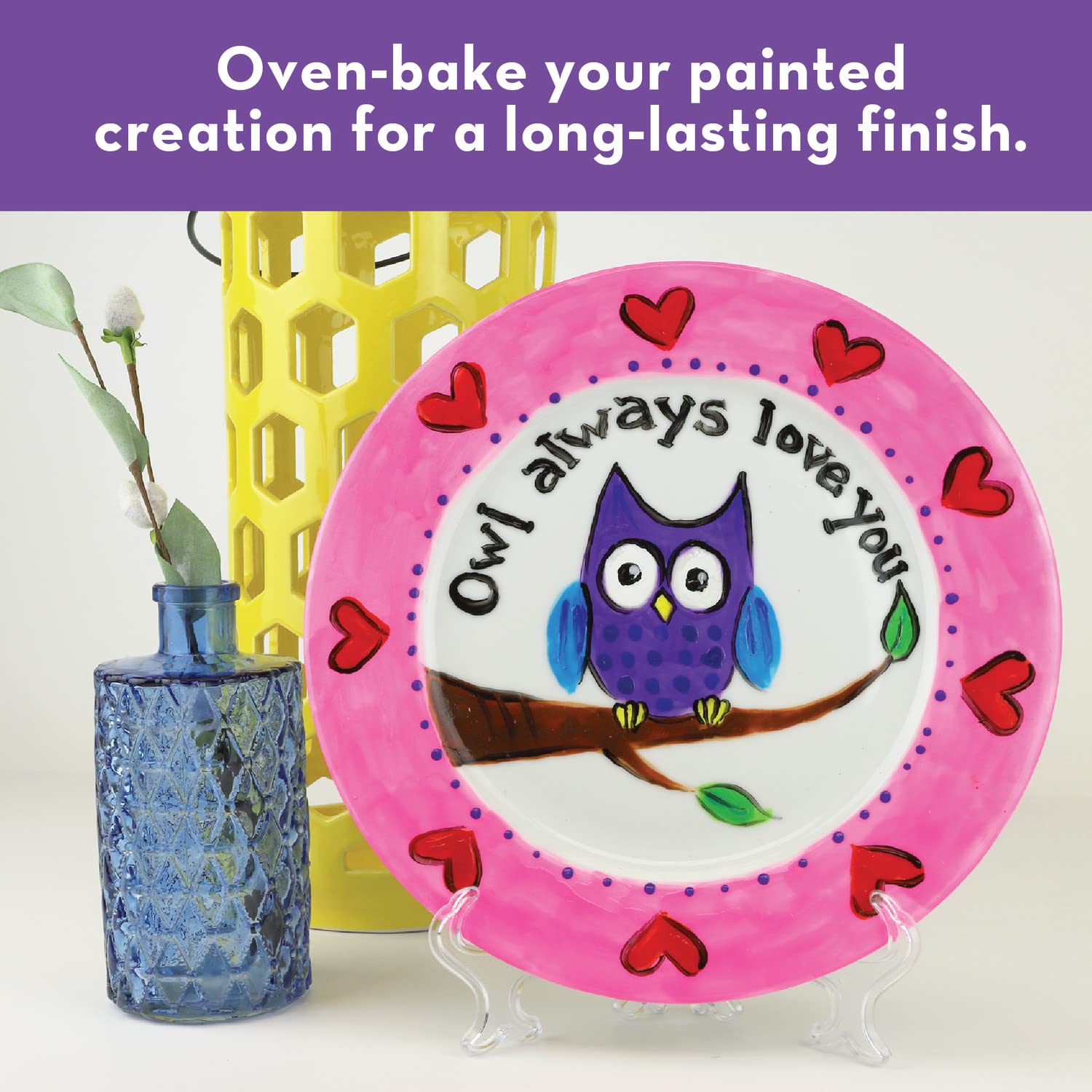 MindWare DIY Porcelain Painting Kit - 2 White Plates, 12 Vibrant Paints, 2 Brushes & Display Stands for Kids & Adults - Perfect for Birthday Gifts, Family Craft Night & Home Decor Projects