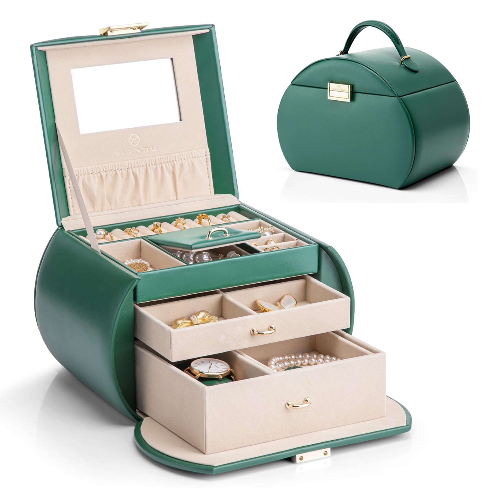 Vlando Leather Jewelry Box Organizer with Mirror - Princess Style Jewelry Storage Case for Necklaces, Earrings, Rings & Watches - Blackish Green - Perfect for Travel, Home Vanity & Gift Giving