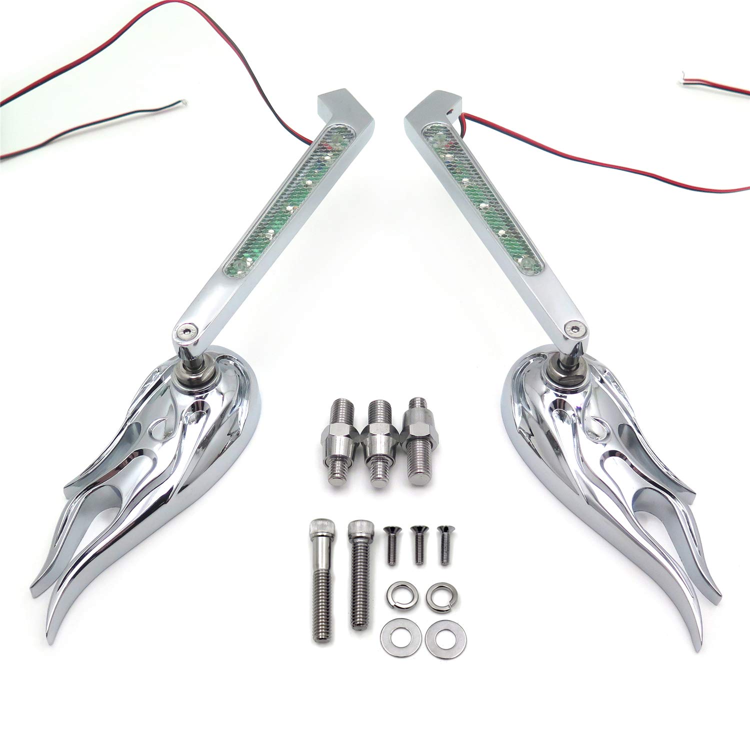Custom Chrome Flame LED Turn Signal Integrated Mirrors for Harley Softail Fat Boy Road King Dyna Wide Glide Springer Sportster XL - Universal Fit for Motorcycle Customization & Night Riding Safety