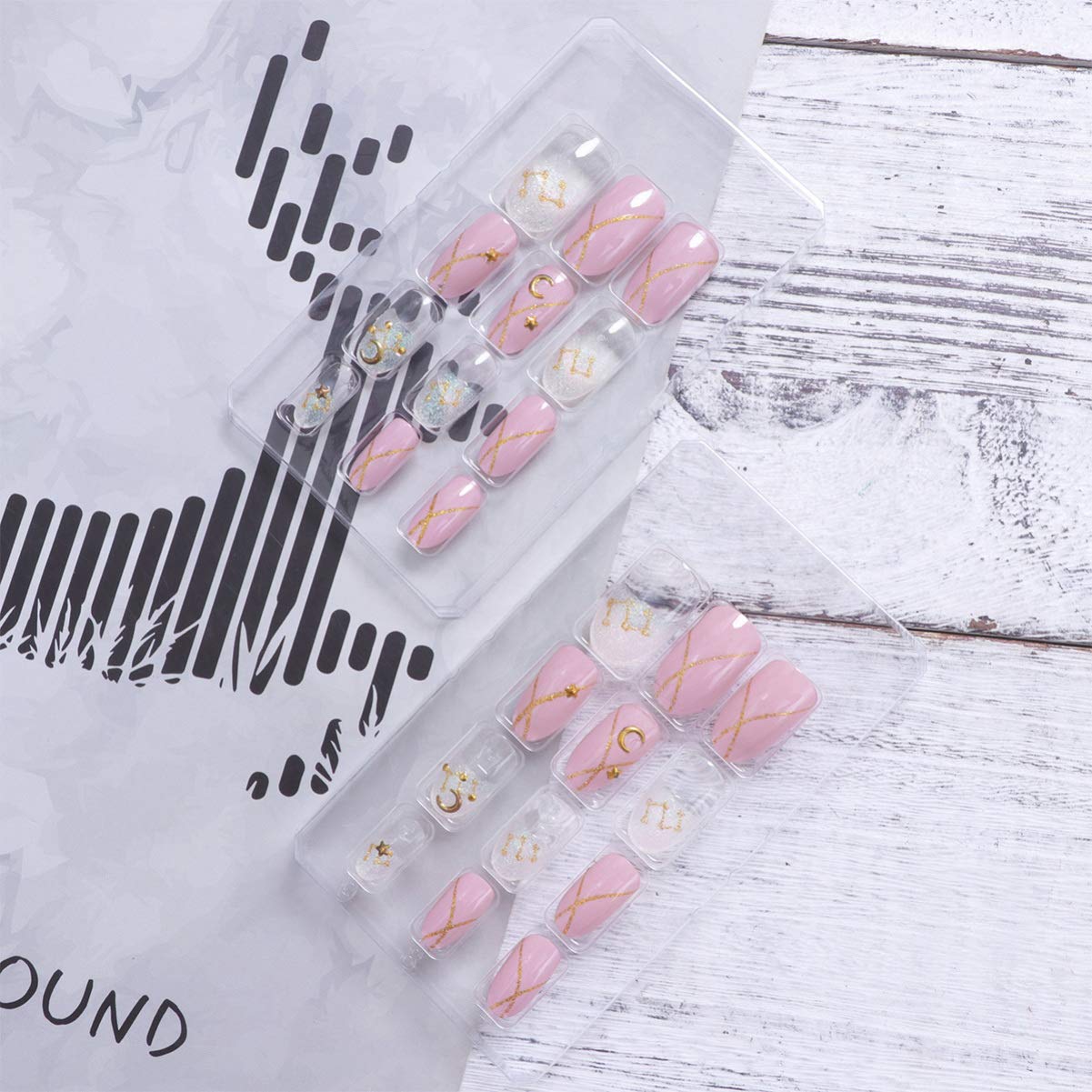 FRCOLOR 24Pcs Pink Glossy Full Cover Press On Nails - Glitter Fake Nails with Moon & Star Design for Wedding, Party, Prom & Special Occasions | Easy to Apply & Reusable Artificial Nails for Women & Girls