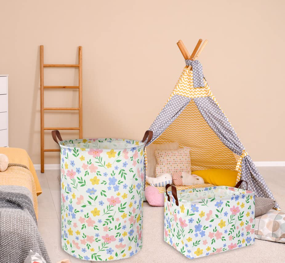 HIYAGON Kids Storage Basket - Cute Rectangular Toy Organizer Bin for Baby Girls, Empty Gift Basket, Bedroom Decor, Books & Toys Storage (Flower Design) - Perfect for Nursery, Playroom & Home Organization