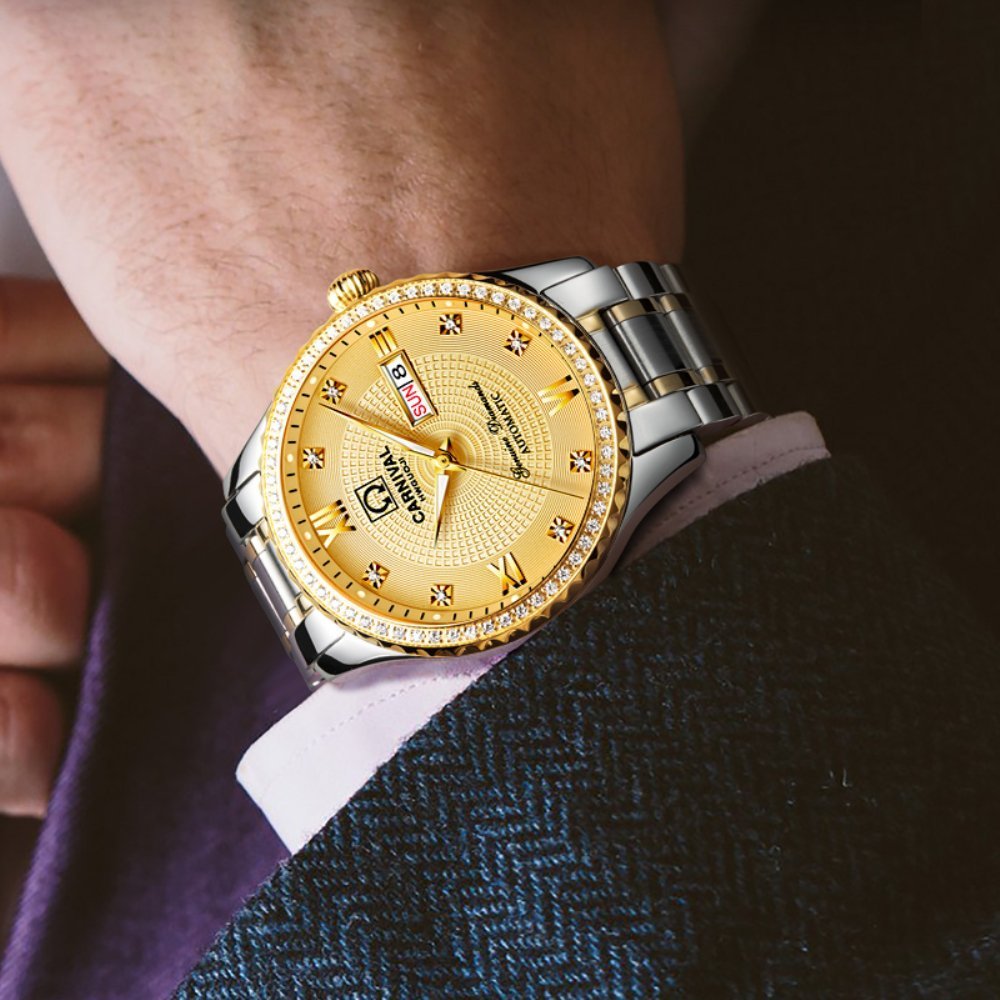 Gosasa Swiss Made Men's Luxury Gold Watch - Automatic Analog Display with Calendar, Week Indicator & Luminous Hands - 18K Gold Plated Stainless Steel Diamond Watch for Business, Formal Events & Gifts