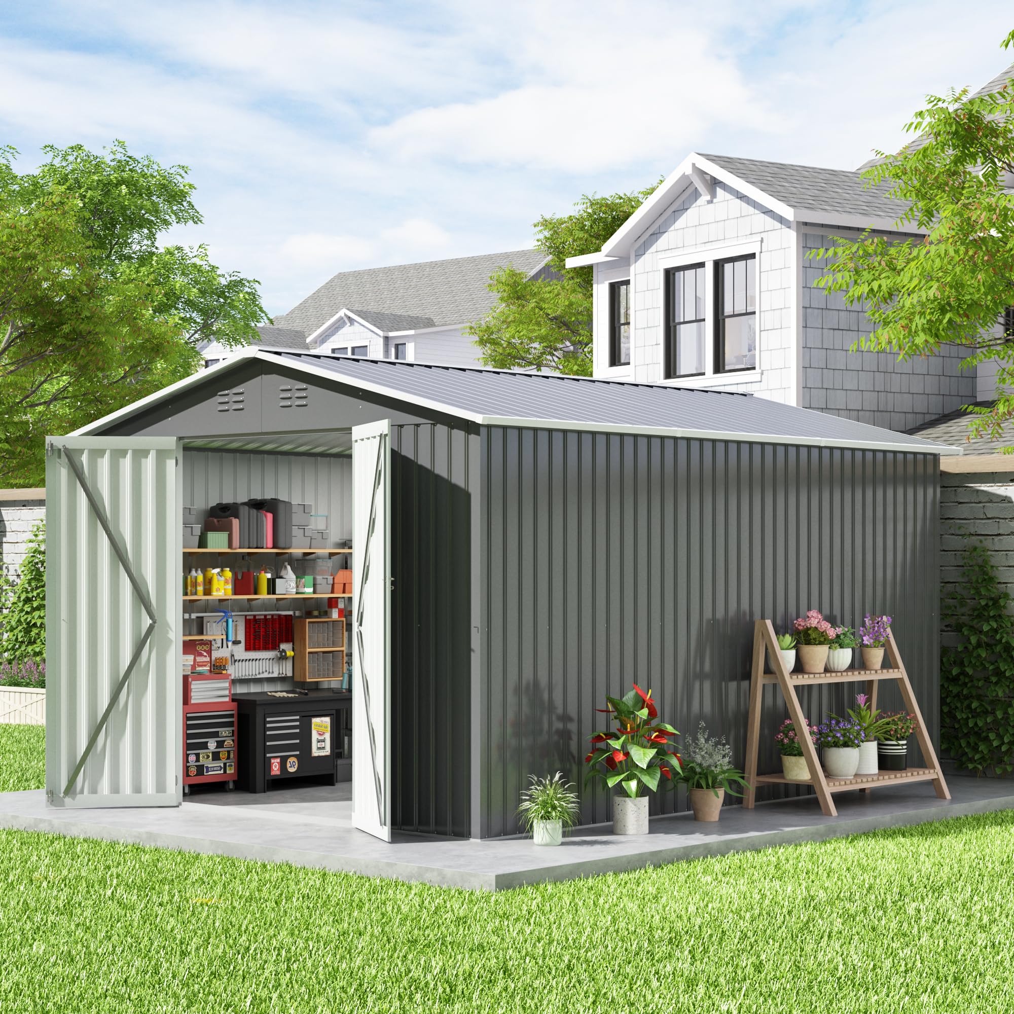 10 x 12 FT Heavy Duty Outdoor Storage Shed - Large Metal Tool Shed with Reinforced Frame & Lockable Doors - Weatherproof Garden Shed for Backyard, Patio, Lawn - Perfect for Storing Tools, Equipment & Outdoor Gear (Grey)