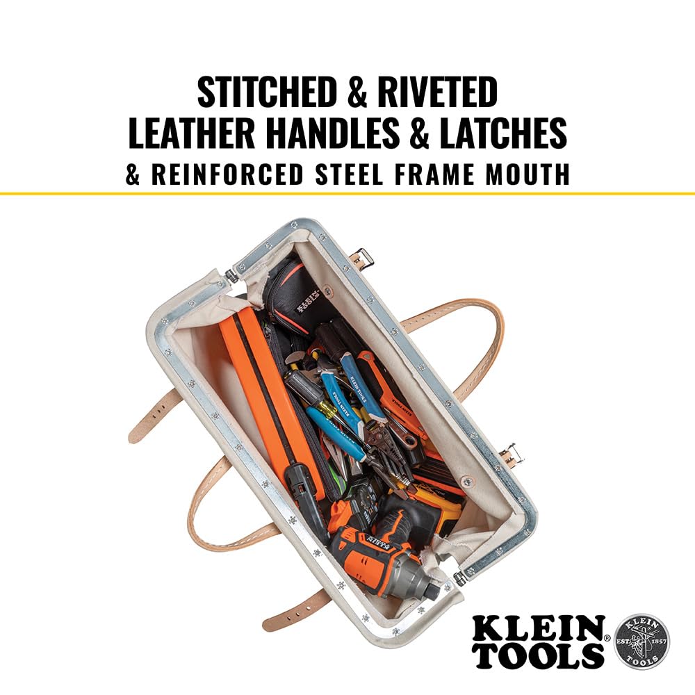 Klein Tools 5102-20 Heavy Duty Natural Canvas Tool Bag - 20-Inch Multi-Purpose Tool Tote with Wide Hinged Opening & Durable Leather Handles - Perfect for Electricians, Contractors & DIY Home Improvement Projects
