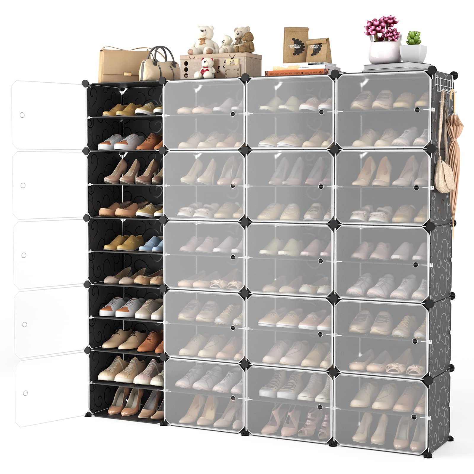 Portable Shoe Rack Organizer with Door - 80 Pairs Shoe Storage Cabinet, Easy Assembly Plastic Adjustable Stackable Shoe Shelf, Free Standing DIY Expandable 10-Tier Black - Perfect for Closet, Entryway & Bedroom Organization