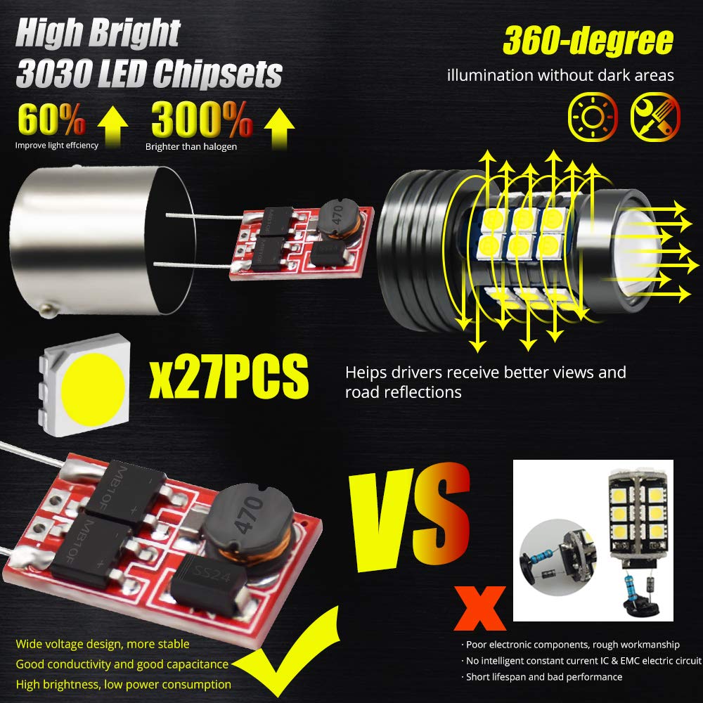 9-36V BA15S LED Bulbs 27-SMD 3030 Chip Super Bright 1156 1141 1003 1073 7506 LED Lamps - Xenon White (2-Pack) for Backup Lights, Reverse Lights, Brake Lights, Tail Lights, RV Lights - Perfect for Trucks, Trailers, Boats and Automotive Lighting Upgrades