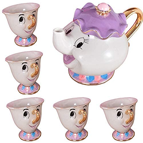Disney Beauty and The Beast Mrs Potts Tea Set - 1 Teapot + 5 Cups with Sugar Bowl - Cartoon Character Tea Party Collection - Perfect for Valentine's Day Gifts, Birthday Parties & Disney Themed Afternoon Tea