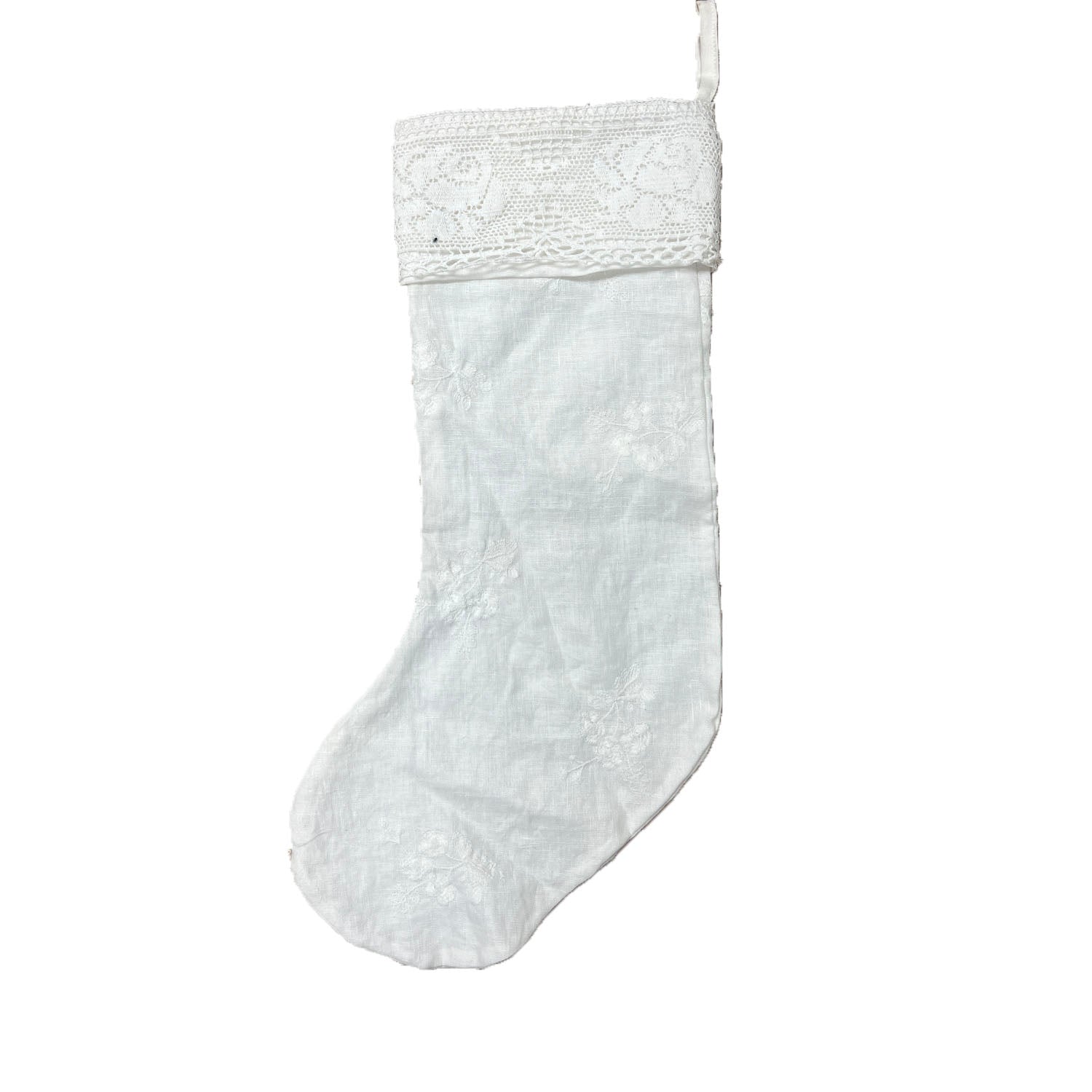 White Embroidered Christmas Stocking - Elegant Holiday Decor for Fireplace Mantel, Xmas Tree & Festive Home Decorations