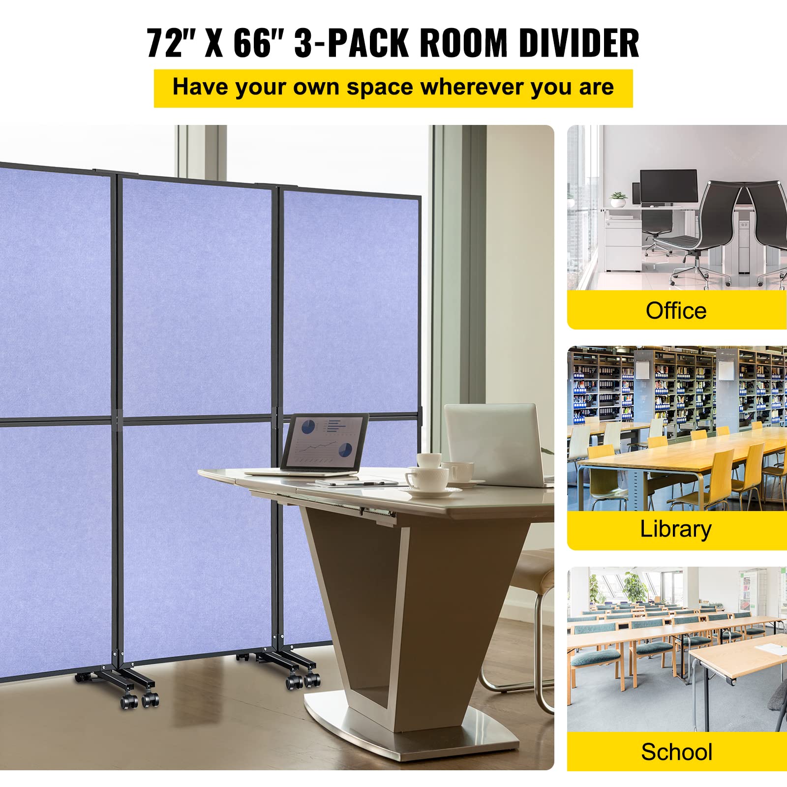 VEVOR 5.5 ft Folding Room Divider Privacy Screen - 3 Panel Portable Partition for Office, Home & School - Steel Blue Acoustic Room Separator | Perfect for Workspace Privacy, Classroom Dividers & Library Study Areas