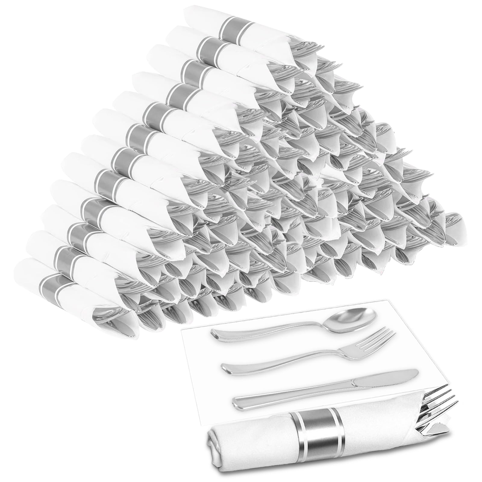 60-Piece Disposable Heavy Duty Plastic Silverware Set - Pre-Rolled Silver Plastic Cutlery with Napkins (60 Forks, 60 Knives, 60 Spoons) for Wedding, Party, Catering & Outdoor Events - Bulk Utensils for Dinner, Picnic & Office Use