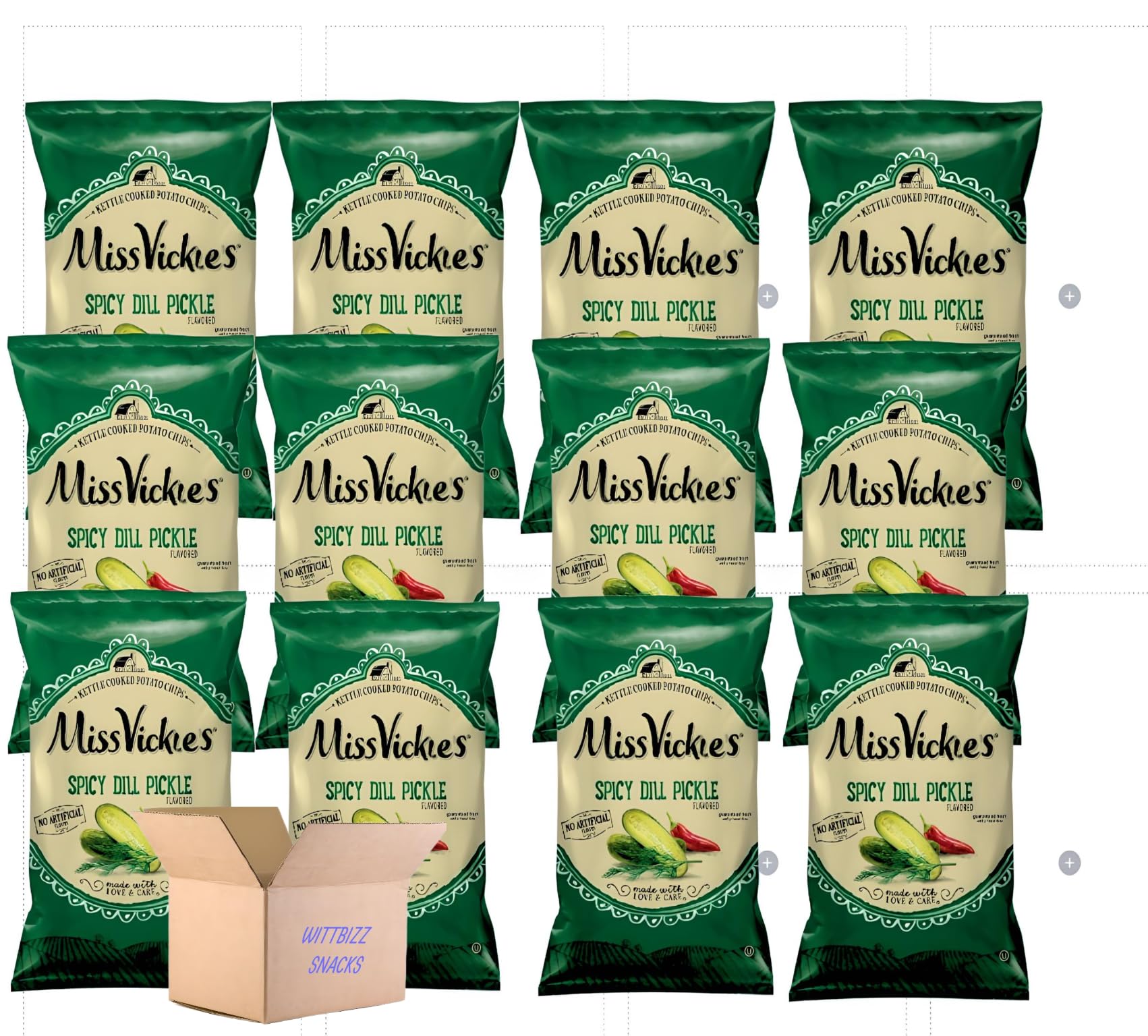 Wittbizz Snacks Bundle - Ms Vickies Spicy Dill Pickle Kettle Cooked Chips 1.37oz (12 Pack) - Perfect for Parties, Snacking & Road Trips