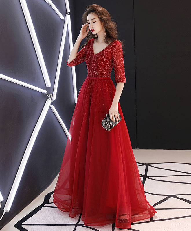 Elegant Burgundy Tulle Beaded Long Prom Dress with Lace Details - Formal Evening Gown for Homecoming, Quinceañera & Special Occasions