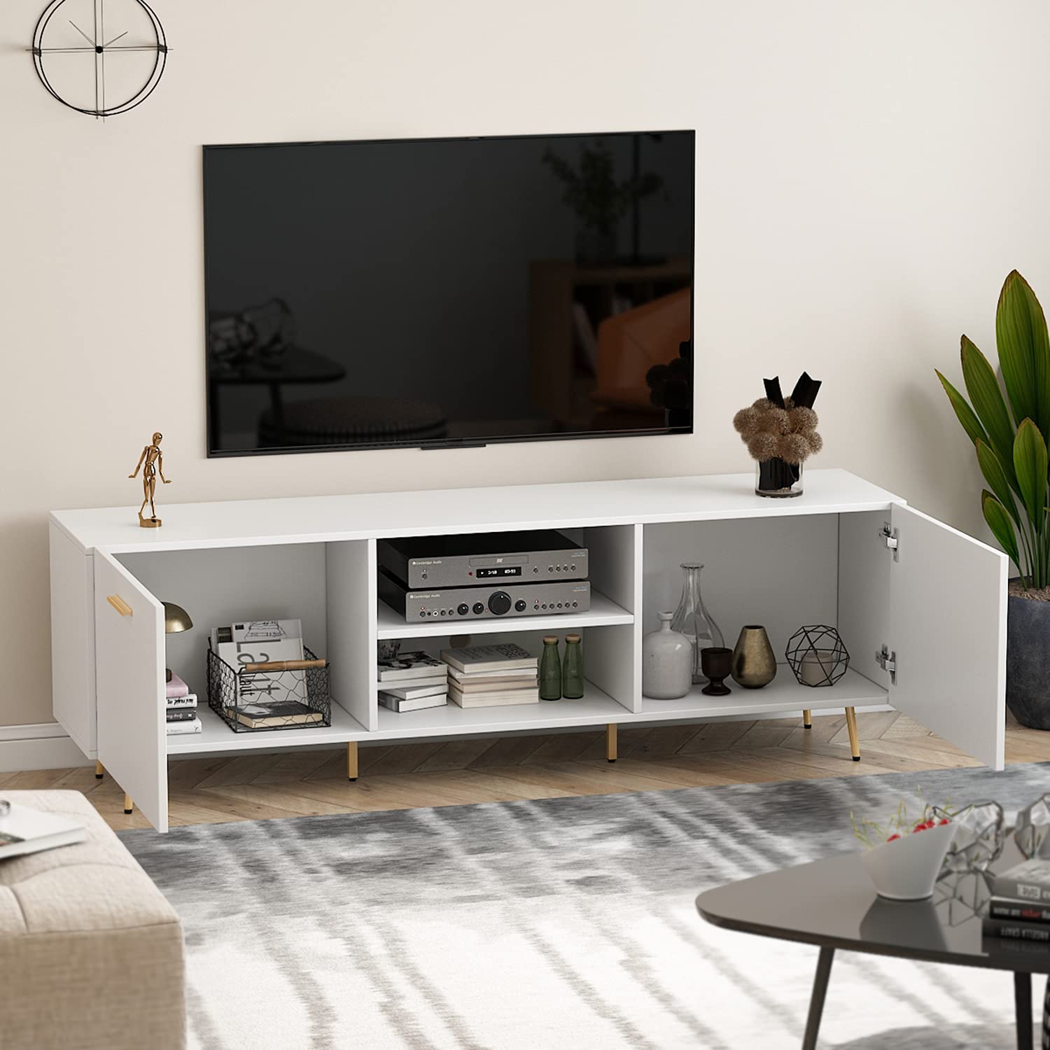 Homsee 75 Inch Modern TV Stand with 2 Doors & 2 Open Shelves - Gold Metal Legs Entertainment Center Console Table for Living Room & Bedroom - White (69”L x 15.6”W x 22.4”H) - Perfect for Home Theater Setup & Stylish Living Space Organization