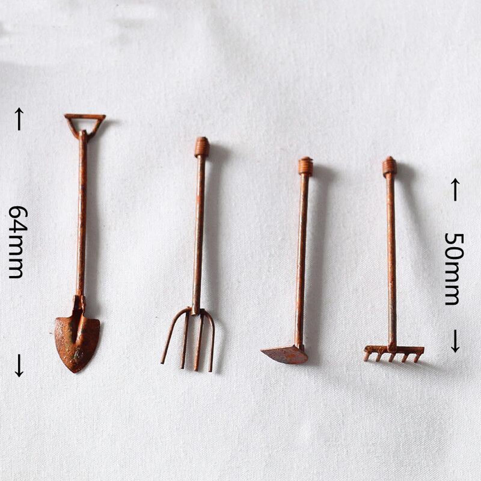 1:12 Scale Miniature Dollhouse Garden Tools Set - 4Pcs Mini Shovels, Rake & Pitchfork for Fairy Gardens, DIY Miniature Scenes & Dollhouse Accessories - Perfect for Fairy Garden Decor, Miniature Landscaping & Creative Crafts